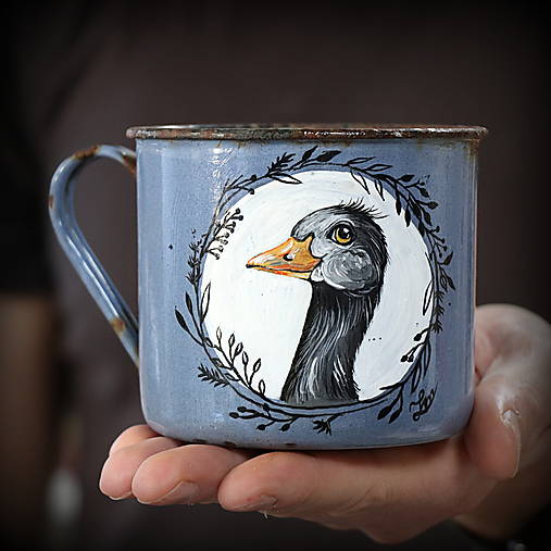 Upcyklovaný ručne maľovaný smaltovaný hrnček