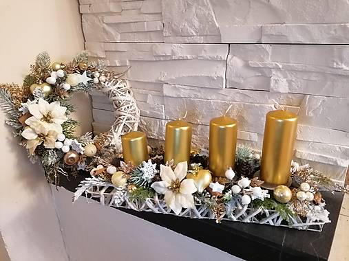 Dekorácie - Adventný zlatý svietnik  47cm a veniec 28cm - 17973872_