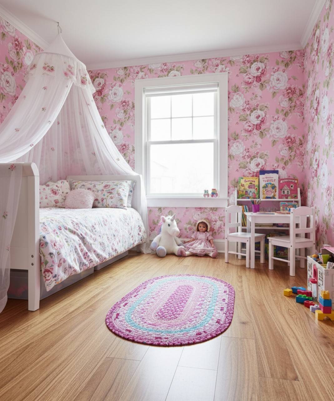 Ružový koberec do detskej izby - Páví raj