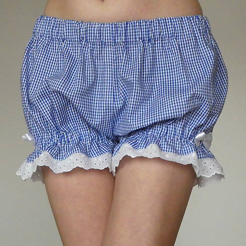 Nohavice - Bombišky Modrá kocočka s madeirou a mašličkami - 17975828_