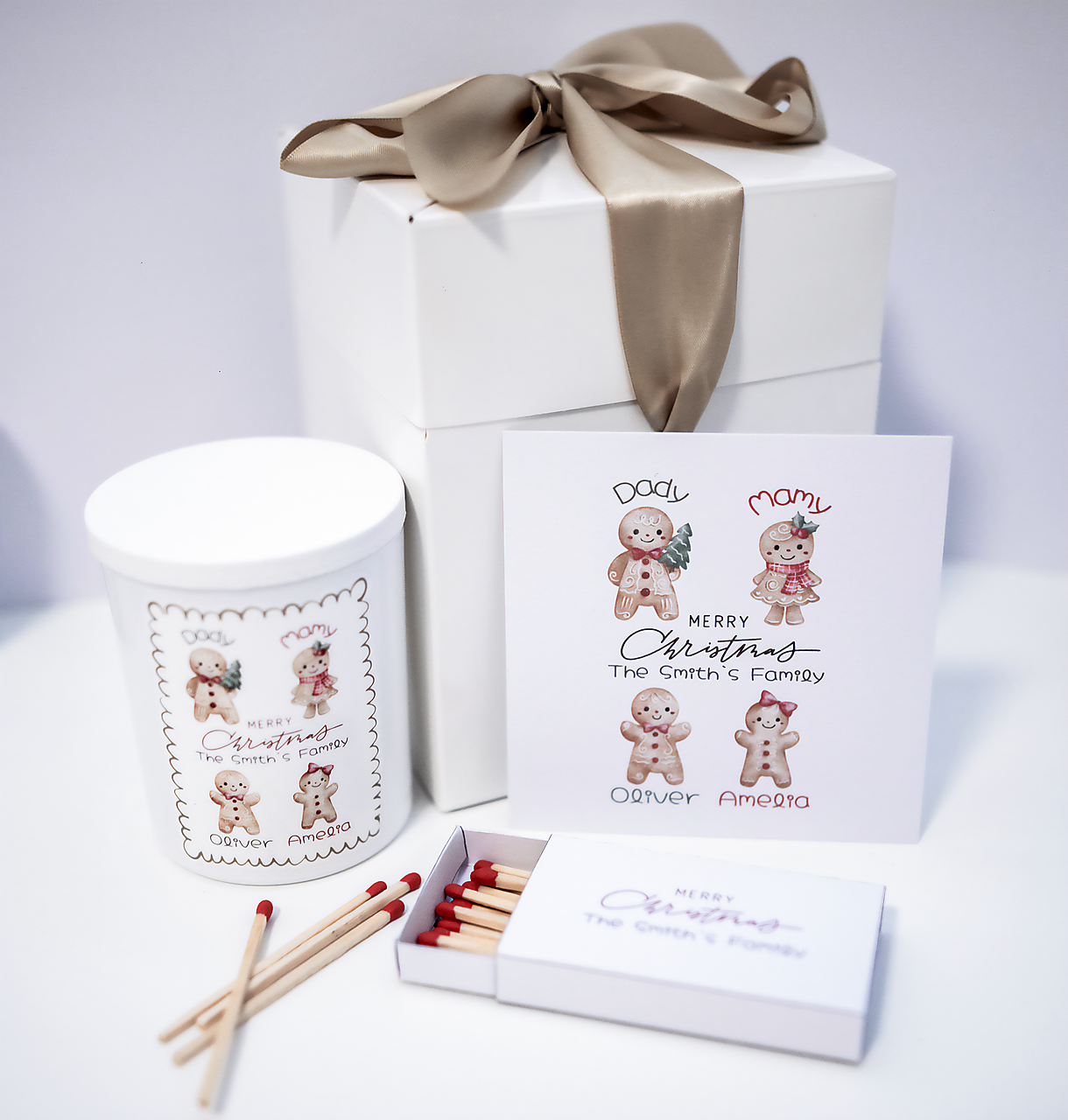 Rodinný Vianočný darčekový set - sójová sviečka zápalky a karta / mená