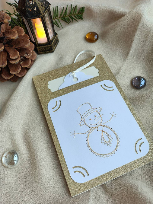 Papiernictvo - Tab card Vianoce snehuliak - vyšívaná pohľadnica - 17980627_