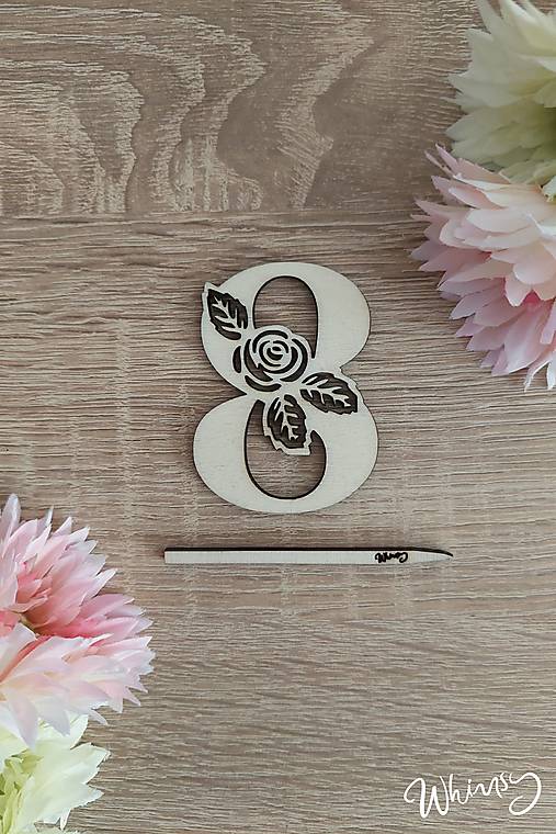 Dekorácie - Drevené čísla s ružičkou - zápich do torty  (Číslo 8) - 17979628_