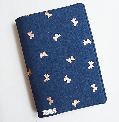 Papiernictvo - Obal na knihu nastaviteľný - Zlaté motýle na modrej (bavlna) - 17982869_