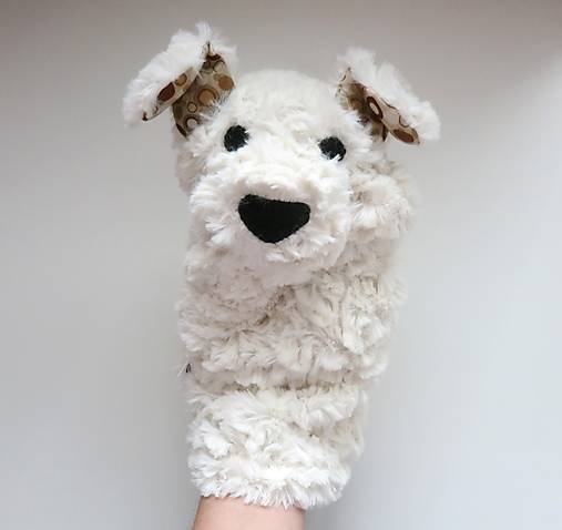 Maňuška psík chlpatý (Biely s kolečkovými uškami)