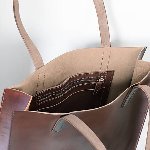 Kabelky - Kožená shopper kabelka TOTE BAG | tmavohnedá (vrecko na zips) - 17983191_