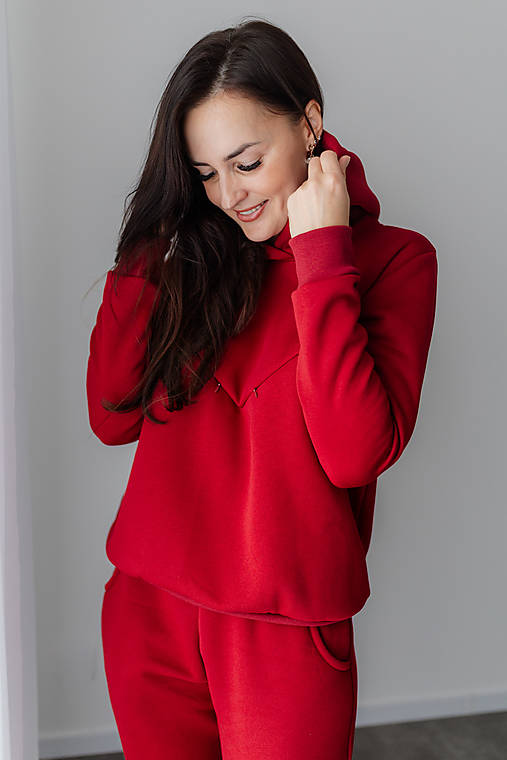 Mikiny - Teplá mikina s kapucňou – tmavo červená - 17985685_