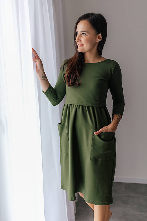 Šaty - Teplákové MIDI šaty – khaki zelené - 17985718_