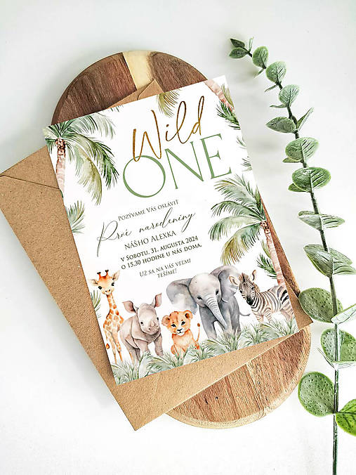 Detská narodeninová pozvánka so safari zvieratkami - wild one (pdf)