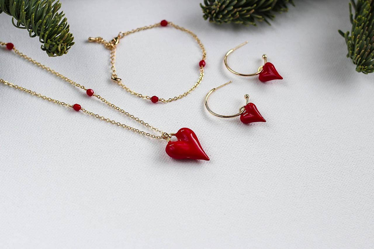 Červené srdce (Pozlátené náušnice Červené srdce | Dva štýly v jednom)