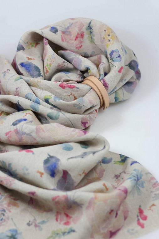 Veľký prírodný ľanový šál s akvarelovými kvetmi, originálny vianočný darček pre ňu