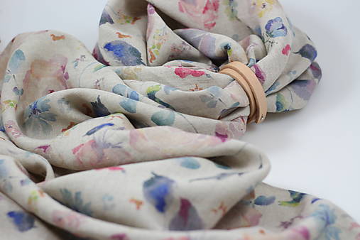 Veľký prírodný ľanový šál s akvarelovými kvetmi, originálny vianočný darček pre ňu