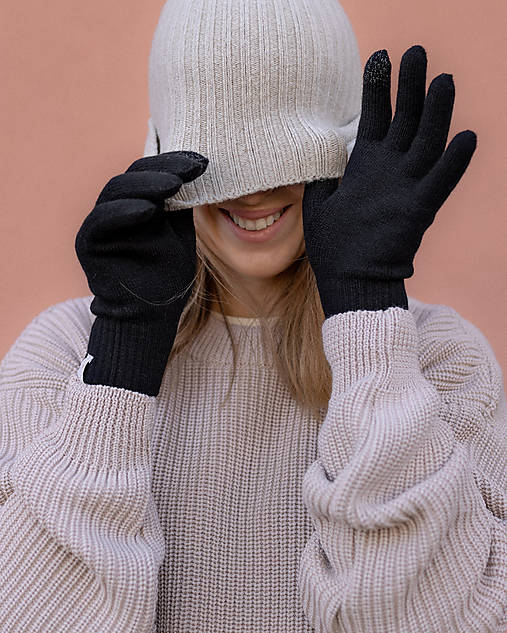 Rukavice - Zateplené vlnené rukavice Pierko – unisex rukavice zo 100 % merino vlny s TouchScreen funkciou (čierna) - 17996408_