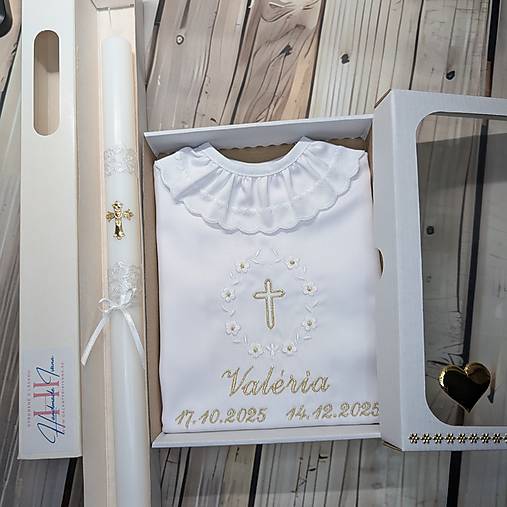 Detské oblečenie - Sada na krst biela zlatá, košieľka v darčekovom balení a sviečka na krst zlatý krížik s chránitkom (K01) - 17996554_