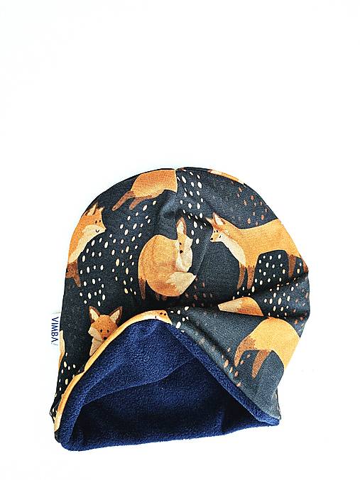 Čiapka/nákrčník na zimu "foxes on blue"