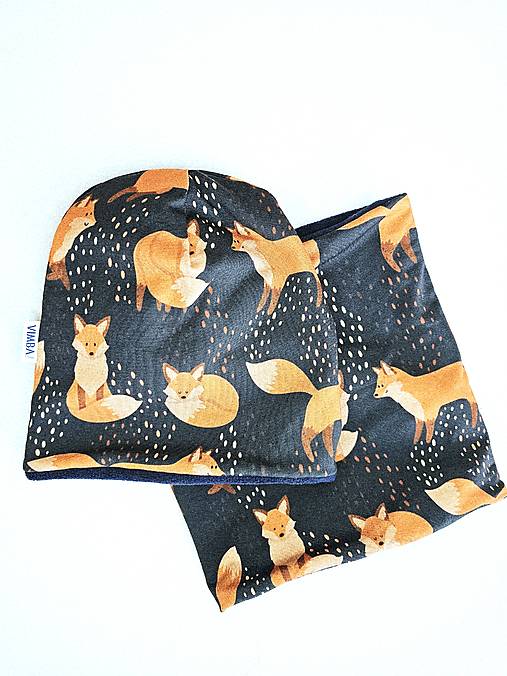 Čiapka/nákrčník na zimu "foxes on blue"