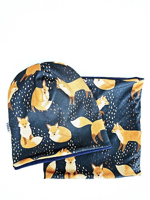Čiapka/nákrčník na zimu "foxes on blue"