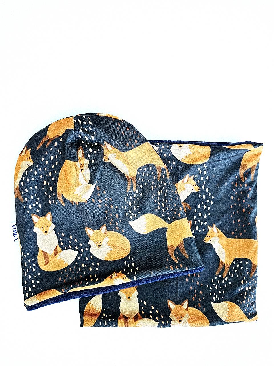 Čiapka/nákrčník na zimu "foxes on blue"