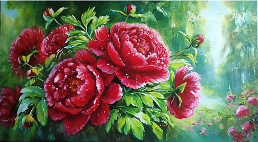 Obrazy - Červené pivónie II – Fine Art Print-(print originálneho akrylového obrazu, ručne maľovaného na plátno 90 × 50 cm) - 18001532_