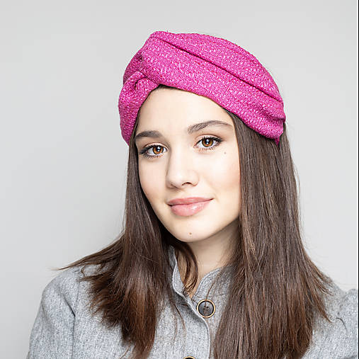 Čiapky, čelenky, klobúky - Široká tvídová čelenka v ružovej, teplá zimná čelenka cez uši, turbanová čelenka, darček - 18002433_