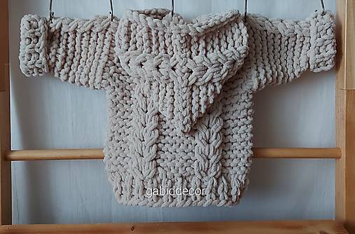 Detský svetrík s kapucňou z vlny puffy fine (12-18 mesiacov - Béžová)