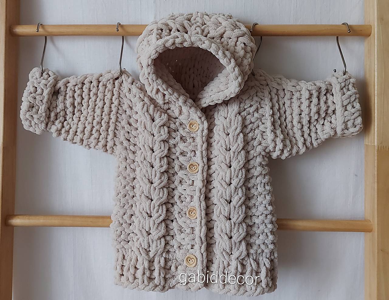 Detský svetrík s kapucňou z vlny puffy fine (12-18 mesiacov - Béžová)