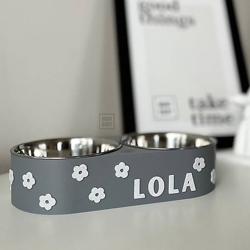 Pre zvieratá - MARYBARY Dvojmiska pre psa s menom / pre mačku - Rozkošná Kvetinka (SIVÁ) - 18004035_