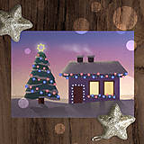 Papiernictvo - Vianočný stromček a domček pri západe slnka - vianočná pohľadnica - 18004254_