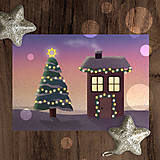 Papiernictvo - Vianočný stromček a domček pri západe slnka - vianočná pohľadnica - 18004256_