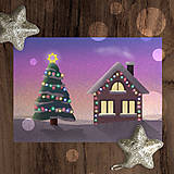 Papiernictvo - Vianočný stromček a domček pri západe slnka - vianočná pohľadnica - 18004258_