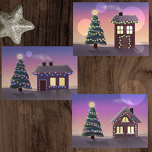 Papiernictvo - Vianočný stromček a domček pri západe slnka - vianočná pohľadnica - 18004251_