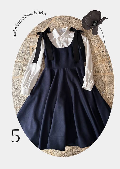 Set - tmavomodré vlnené šaty a biela tencelová blúzka