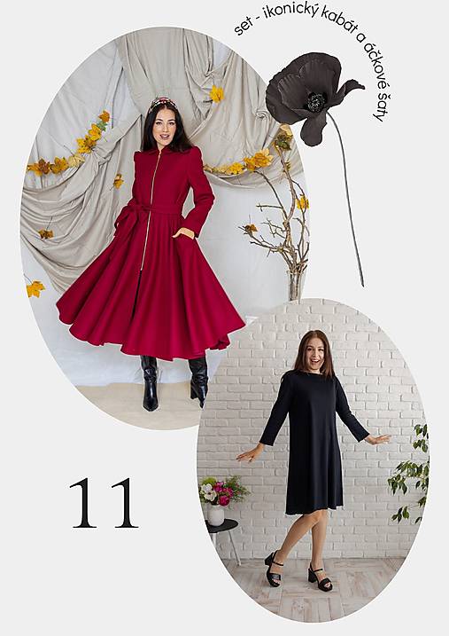 Set - fuchsiový kabát a čierne úpletové áčkové šaty