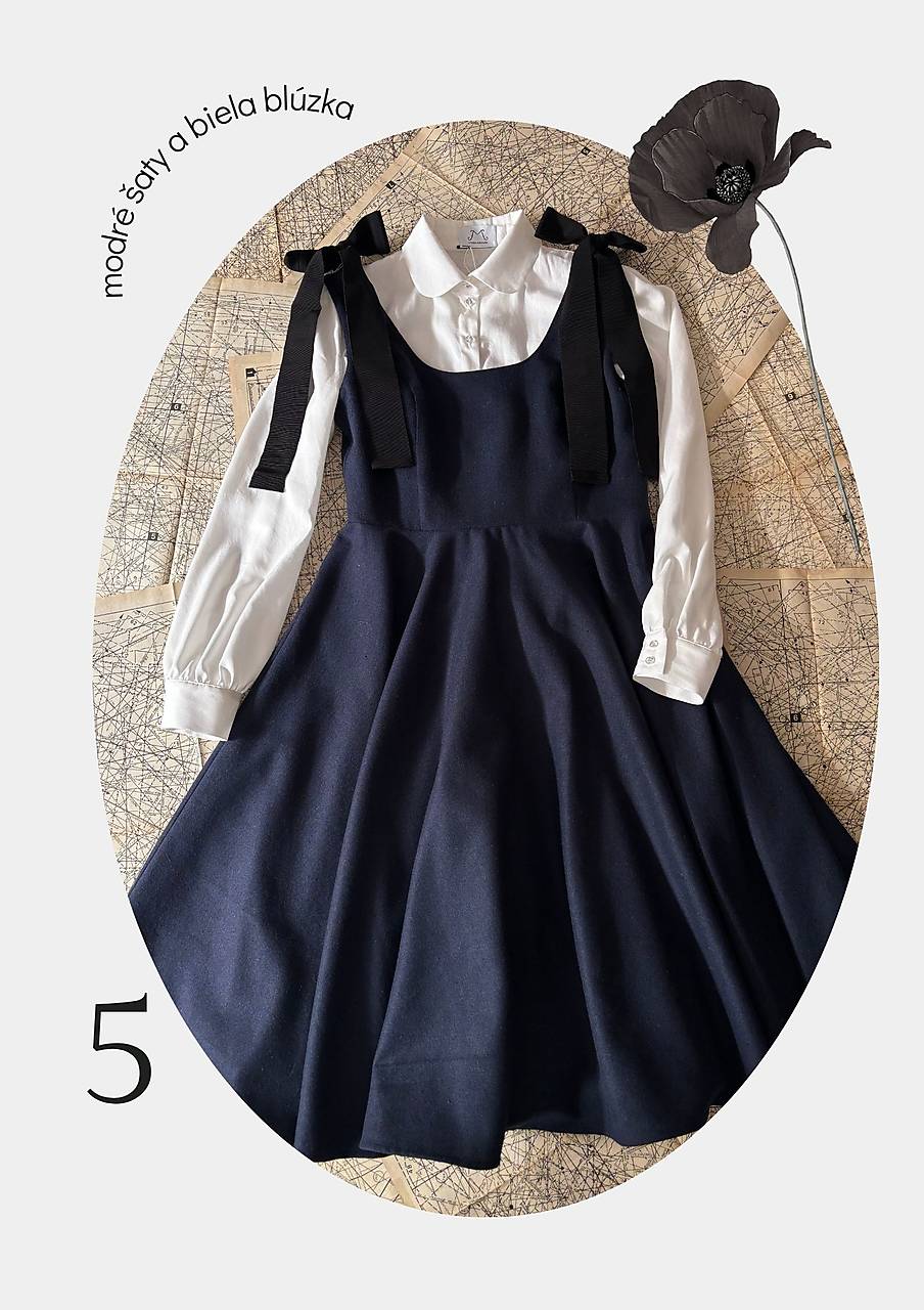 Set - tmavomodré vlnené šaty a biela tencelová blúzka