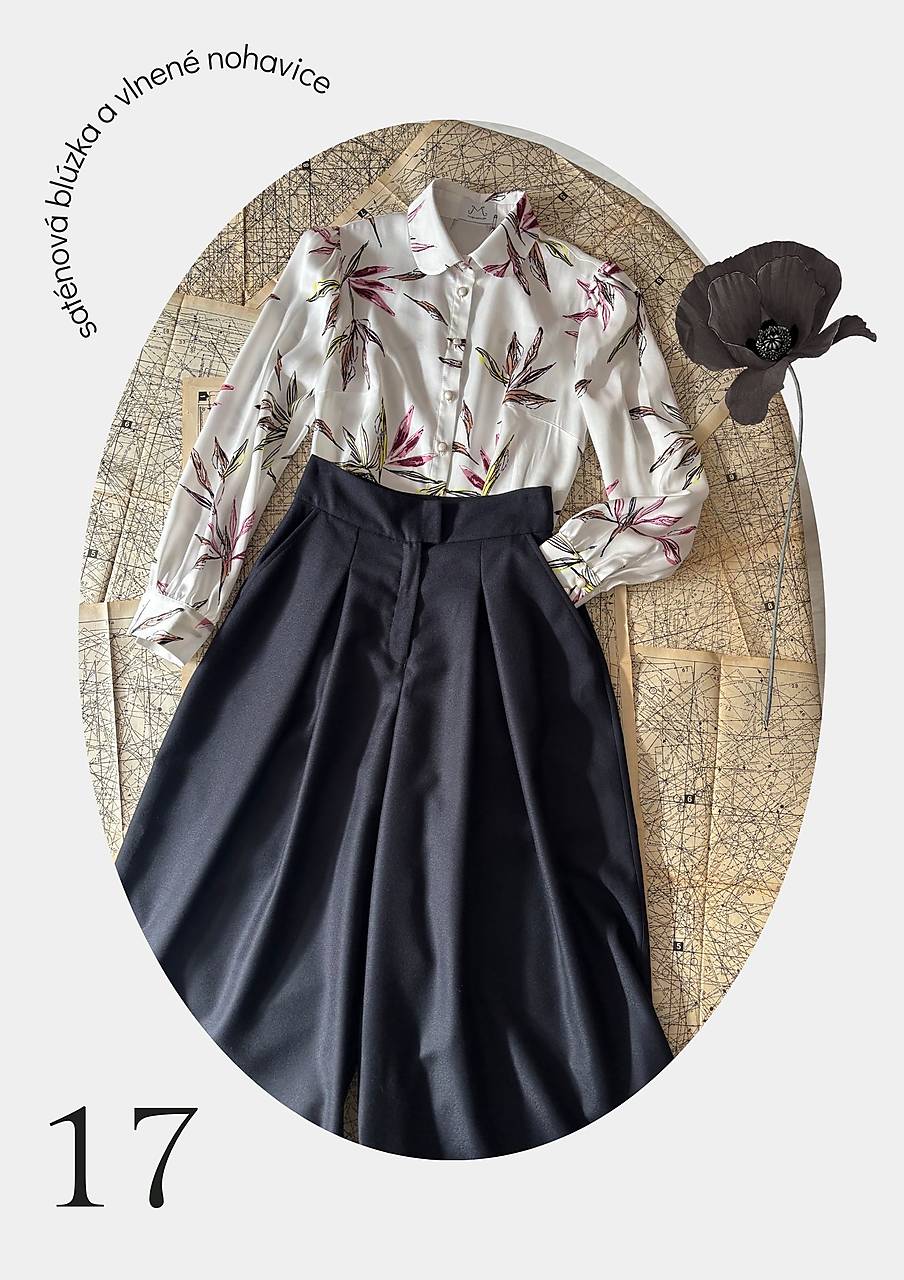 Set - tmavomodré vlnené nohavice a saténová kvetovaná blúzka