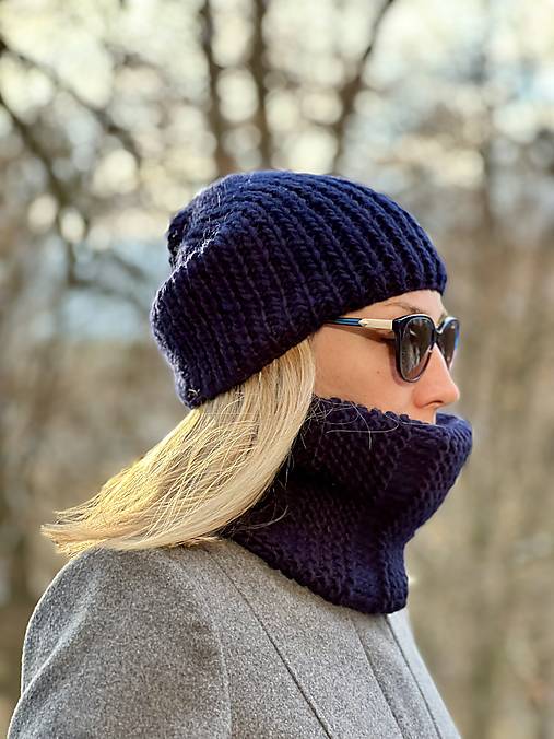 Čiapky, čelenky, klobúky - Tmavomodry set Virgine wool - 18010184_