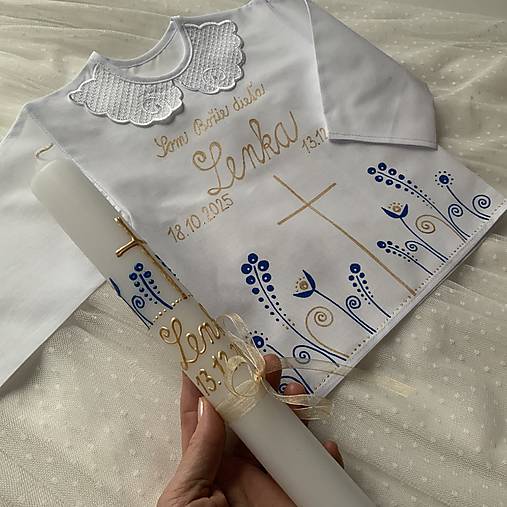 Krstná košieľka a svieca na krst ručne maľovaná ľudovoladená  (modro zlatá)