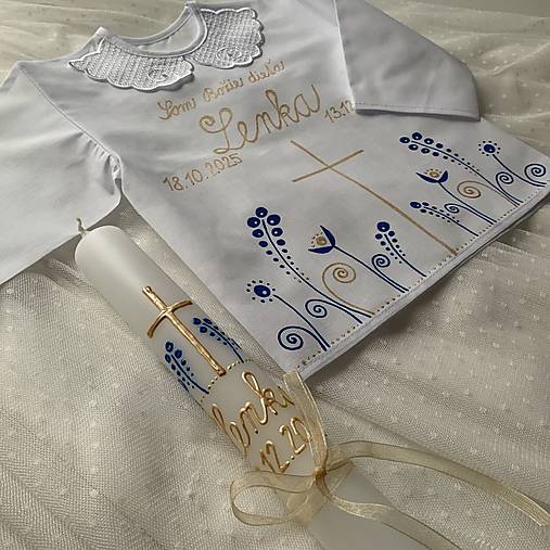 Krstná košieľka a svieca na krst ručne maľovaná ľudovoladená  (modro zlatá)