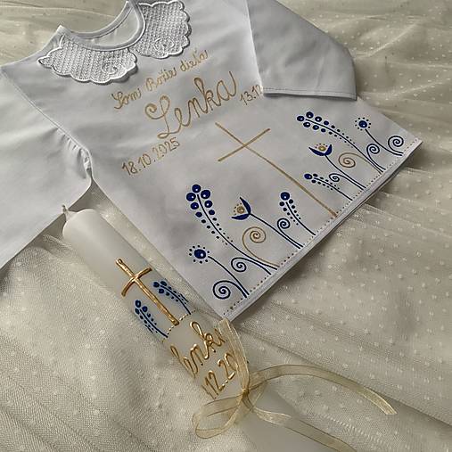 Krstná košieľka a svieca na krst ručne maľovaná ľudovoladená  (modro zlatá)