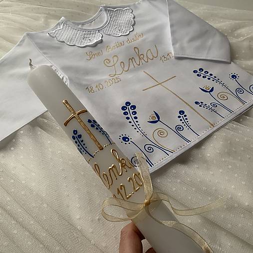 Krstná košieľka a svieca na krst ručne maľovaná ľudovoladená  (modro zlatá)