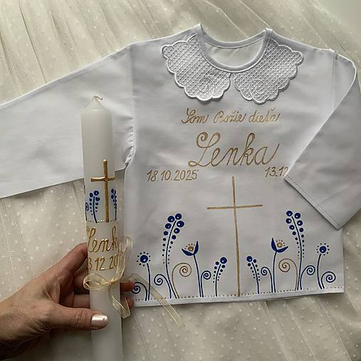 Krstná košieľka a svieca na krst ručne maľovaná ľudovoladená  (modro zlatá)