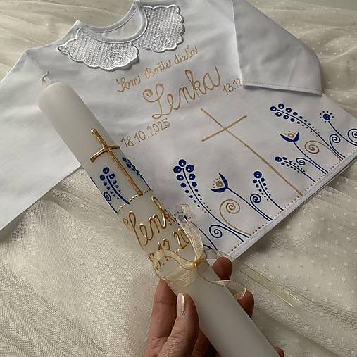 Krstná košieľka a svieca na krst ručne maľovaná ľudovoladená  (modro zlatá)