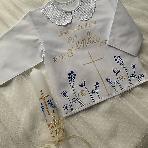 Krstná košieľka a svieca na krst ručne maľovaná ľudovoladená  (modro zlatá)