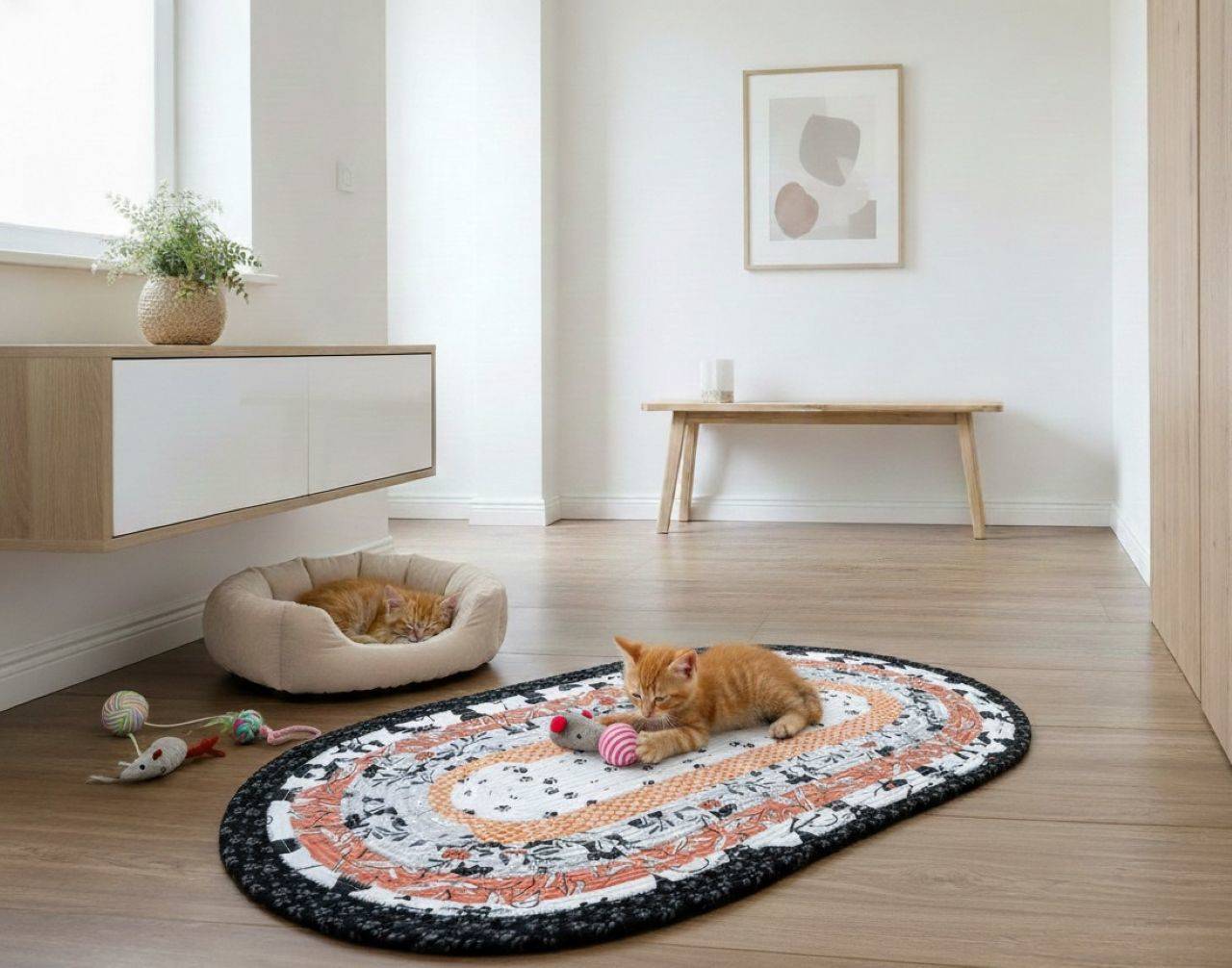 Koberček pod misku na granule pre mačičky - oválny