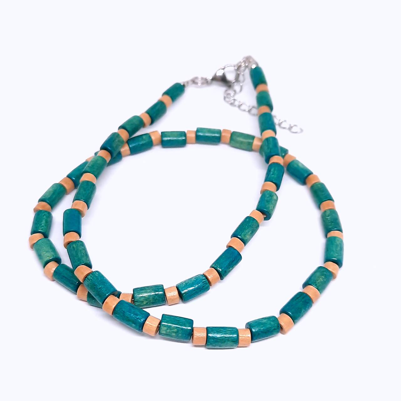 Pánsky náhrdelník z drevených korálok (tyrkysová+krémová)