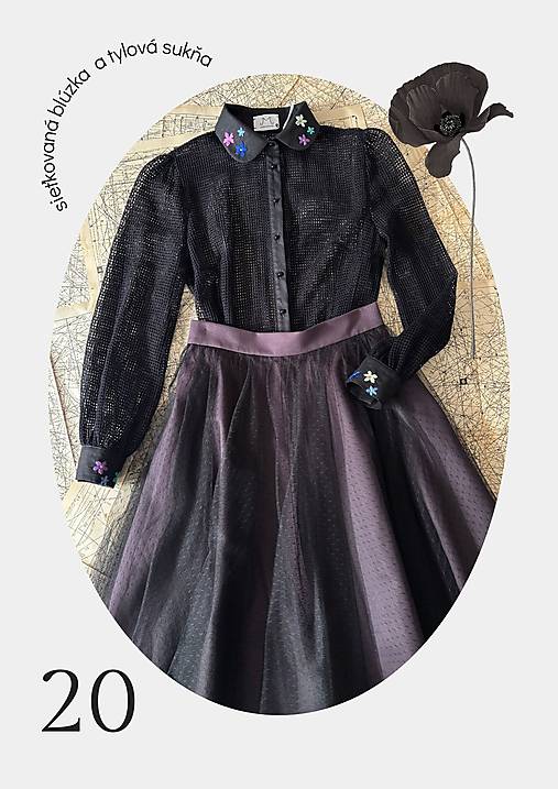 Set - čierna sieťkovaná blúzka a tylová fialová sukňa