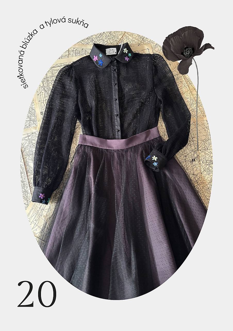 Set - čierna sieťkovaná blúzka a tylová fialová sukňa
