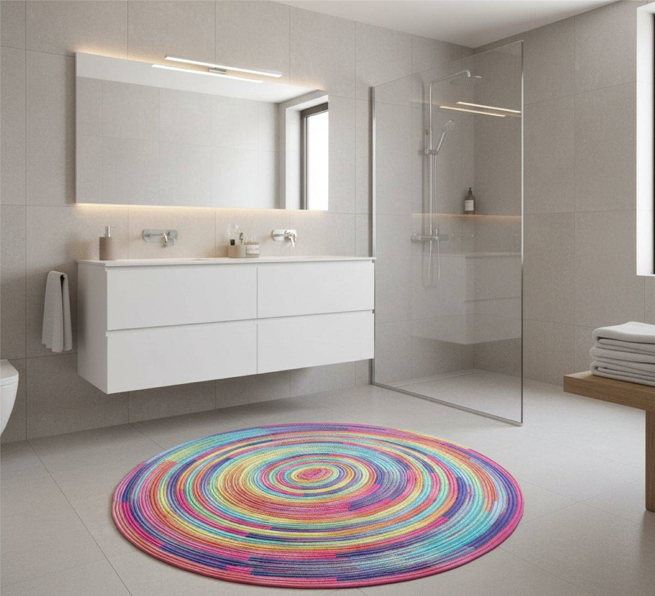 Okrúhly koberec "Ombre" - pestrofarebný akcent do bielej kúpeľne