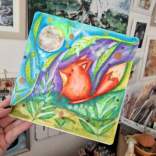 Líštička a Mesiac - originál kresba 20 x 20 cm