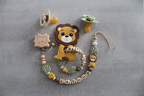 Detské doplnky - SET: Retiazka na cumlík s menom a hryzadlo, Levík zelenohnedý - 18018599_